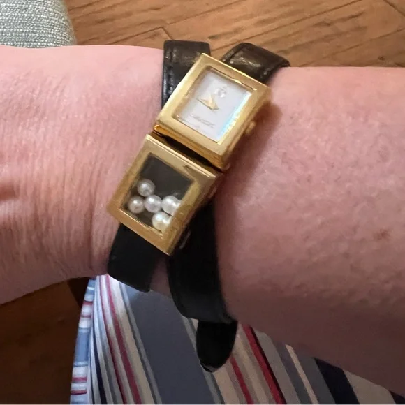 Vintage MIKIMOTO 5P Pearl Double Tour Wrap Bracelet Watch Black Leather Band - Picture 7 of 11